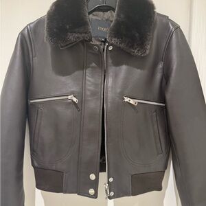 Maje Dark Brown LEATHER Jacket with Fur Collar